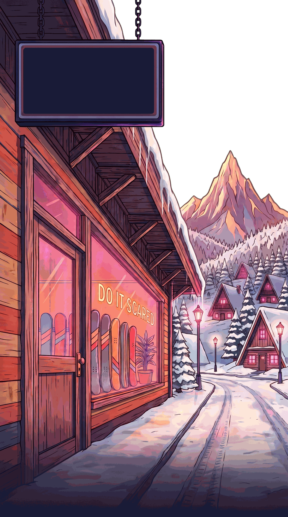 A retro ski shop on a snowy village street at dusk, with DO IT SCARED painted on the window